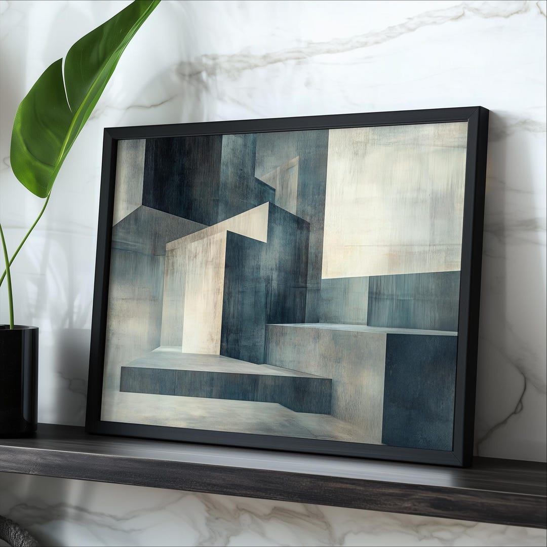 Architectural Staircase Art Print: Monochrome Geometry, Blue Tone - Etsy