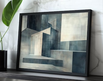 Impresión artística de escalera arquitectónica: geometría monocromática en tono azul