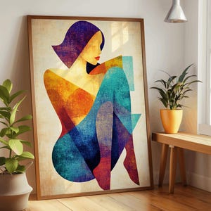 Ritratto di donna geometrica astratta – Arte murale colorata e vibrante, arredamento moderno per la casa, carta di qualità pregiata