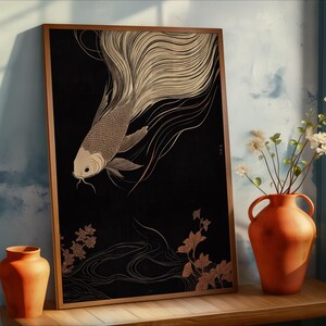 Japanese Koi Fish Art - Serene Oriental Wall Décor, Abstract Fish Painting on Canvas, Modern Minimalist Art, Sustainable Framed Artwork