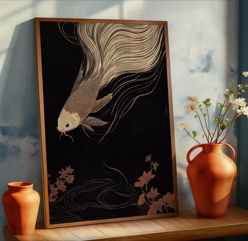 Japanese Koi Fish Art - Serene Oriental Wall Décor, Abstract Fish Painting on Canvas, Modern Minimalist Art, Sustainable Framed Artwork