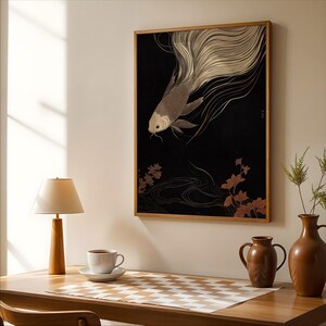 Japanese Koi Fish Art - Serene Oriental Wall Décor, Abstract Fish Painting on Canvas, Modern Minimalist Art, Sustainable Framed Artwork