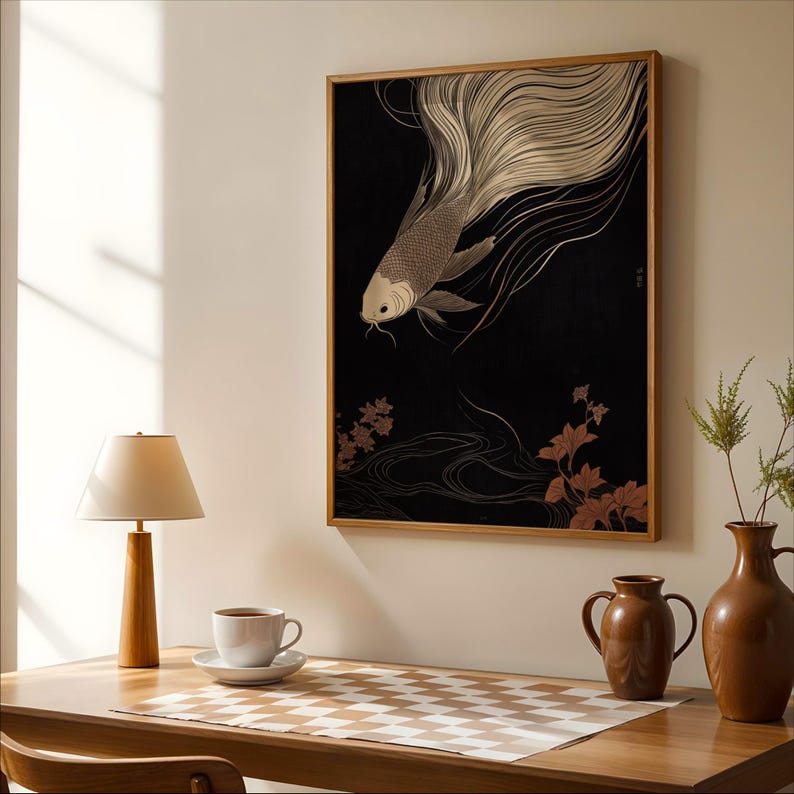Japanese Koi Fish Art - Serene Oriental Wall Décor, Abstract Fish Painting on Canvas, Modern Minimalist Art, Sustainable Framed Artwork