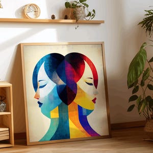 Ritratto di donna geometrica astratta – Arte murale colorata e vibrante, arredamento moderno per la casa, carta di qualità pregiata