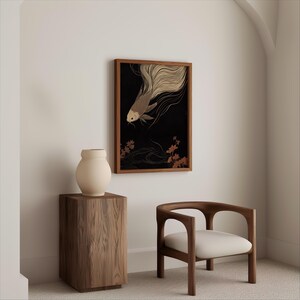 Japanese Koi Fish Art - Serene Oriental Wall Décor, Abstract Fish Painting on Canvas, Modern Minimalist Art, Sustainable Framed Artwork