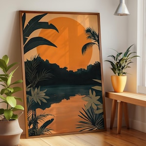 Risograph Tropical Sunset Art - Stampa moderna della natura, arredamento contemporaneo per la casa, carta di qualità pregiata