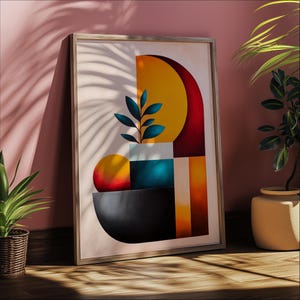 Arte vegetale geometrica vibrante - Design botanico moderno, arte murale astratta a blocchi di colore, forme geometriche minimaliste - Stampa di qualità premium