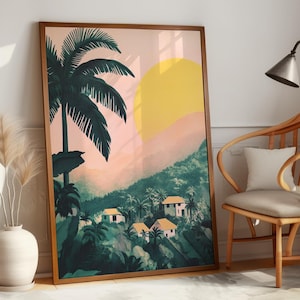 Riso Print Wall Art – Paesaggio Risograph con tramonto tropicale, stampa moderna della natura, arredamento contemporaneo per la casa, carta di qualità pregiata