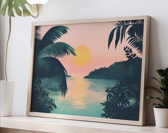 Tropical Sunset Lagoon Art Print: Minimalist Jungle Decor