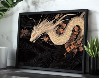 Golden Japanese Dragon Art Print: Oriental Mythical Decor