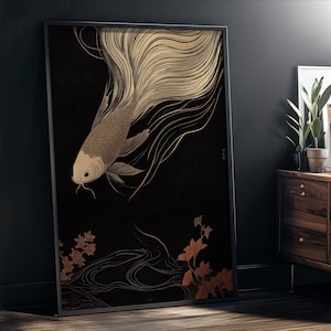 Japanese Koi Fish Art - Serene Oriental Wall Décor, Abstract Fish Painting on Canvas, Modern Minimalist Art, Sustainable Framed Artwork