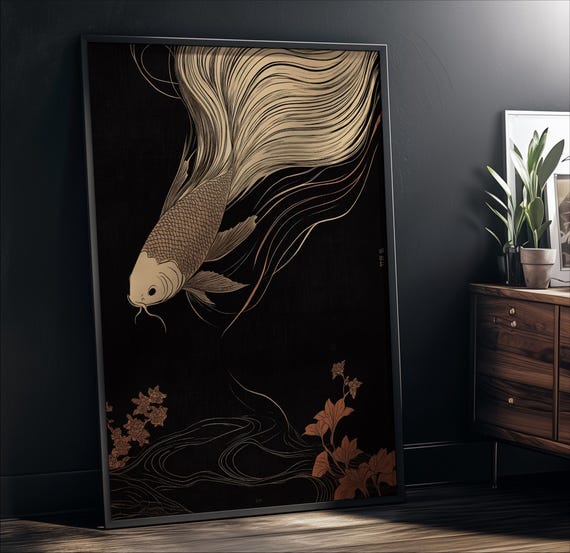 Japanese Koi Fish Art: Modern Minimalist Framed Canvas Print