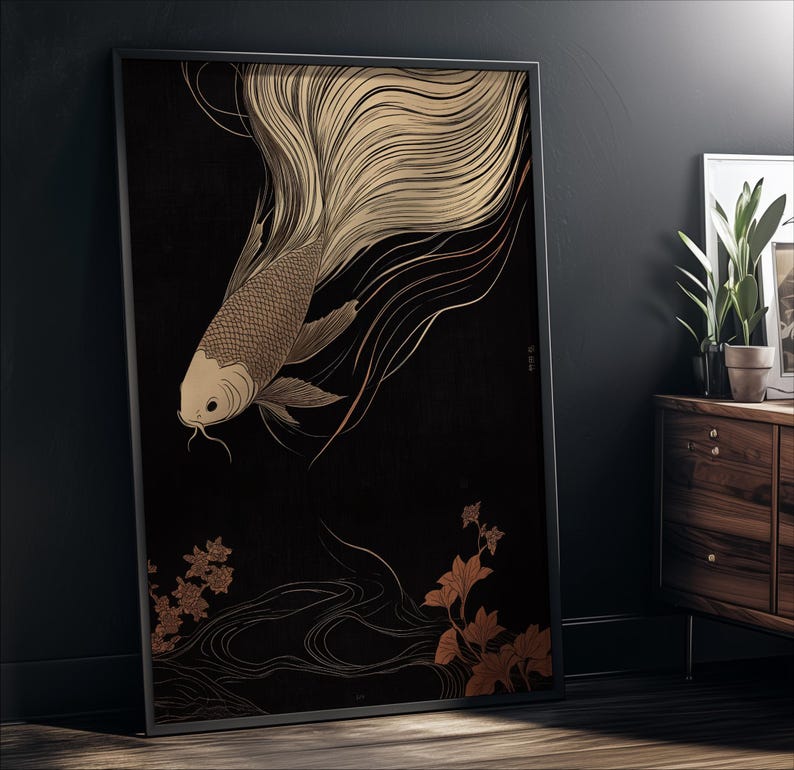 Japanese Koi Fish Art - Serene Oriental Wall Décor, Abstract Fish Painting on Canvas, Modern Minimalist Art, Sustainable Framed Artwork