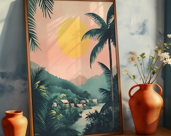 Tropical Sunset Art Print: Pastel Riverside Village Landscape