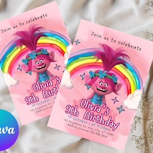 Trolls invitation, Trolls Birthday Invite Printable, Trolls Craziest Party Birthday Invitation, Digital Trolls Party Editable Template Canva
