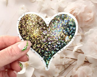 Glitter Black Heart Sticker – Waterproof Vinyl Heart Decal – Sparkly Sticker for Laptop, Water Bottle, Journal – Glam Rock Aesthetic