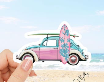 Retro Pink Bug Surf Sticker: Waterproof Vinyl Decal