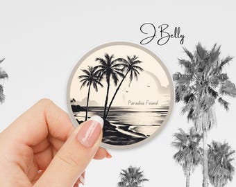 Paradise Found Sticker – Minimal Tropical Beach Sunset Vinyl Decal for Laptops, Coolers, Journals & Ocean Lovers