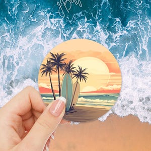 Beach Sunset Surfboard Sticker: Tropical Ocean Palm Tree Decal