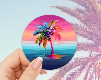 Vibrant Palm Tree Sunset Sticker | Tropical Round Vinyl Decal for Laptop, Water Bottle | Retro Beach Aesthetic