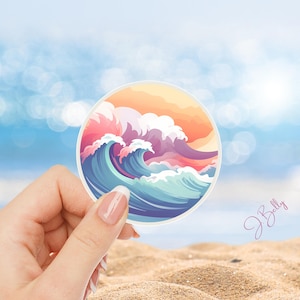 Sunset Ocean Wave Sticker: Waterproof Vinyl Decal for Laptop, Water Bottle