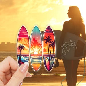Clear Surfboard Sunset Sticker: Tropical Beach Vibes Waterproof Vinyl Art