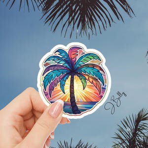 Tropical Palm Tree Sunset Sticker | Beach Aesthetic Waterproof Vinyl Decal for Laptop, Water Bottle, Cooler, Journal | Boho Surf Vibes