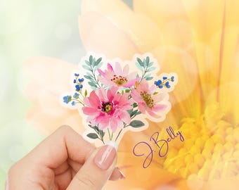 Clear Watercolor Flower Sticker – Pink & Blue Floral Vinyl Sticker for Laptops, Journals, Tumblers, Scrapbooks and more