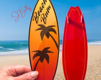 Beach Bum Surfboard Bumper Sticker – Waterproof Vinyl Tropical Sunset Car Decal, Palm Tree Summer Vibes for Laptop, Cooler, RV, Surfboard