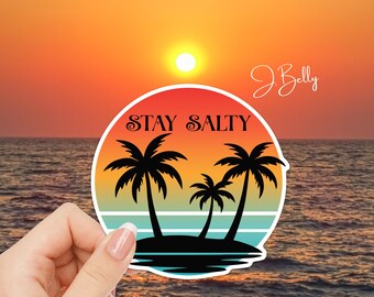 Stay Salty Bumper Sticker, Beach Sunset Car Decal, Palm Tree Ocean Sticker, Coastal Vibes Vinyl Bumper Sticker, Tropical Summer Car Decor