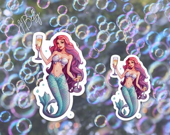 Mermaids and Wine Sticker | Pretty Mermaid Cocktail Vinyl Waterproof Sticker | Mermaid Lover | Wine Lover