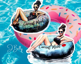 Current Mood Glitter Sticker, Holographic Pool Vibes Decal, Summer Fun, Waterproof Vinyl Sticker