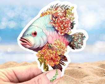 Floral Glitter Fish Sticker – Waterproof Vinyl Tropical Fish Decal with Flowers – Holographic Ocean Aesthetic Sticker