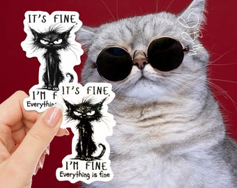 It’s Fine I’m Fine Cat Sticker – Funny Grumpy Black Cat Vinyl Decal, Sarcastic Mood Sticker for Laptop, Water Bottle, or Journal