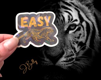 Easy Tiger Holographic Prism Sticker – Waterproof Vinyl Bold Animal Design, Retro Vibe for Laptop, Water Bottle, Phone, Cooler
