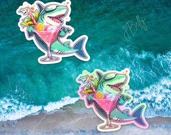 Shark With Martini Sticker – Funny Cocktail Beach Vibes Decal for Summer, Water Bottle, Cooler, Laptop, or Party Gift