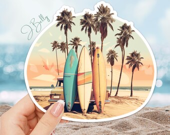 Retro Surf Beach Bumper Sticker – Large Waterproof Vinyl Sunset Car Decal with Palm Trees, Surfboards, for Coolers, Laptops, Vans
