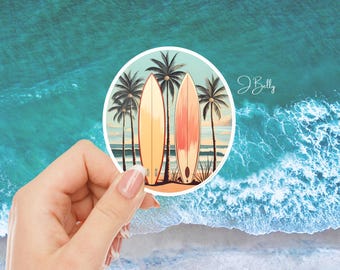 Retro Surfboard Beach Sticker | Vintage Palm Tree Ocean Vibes Vinyl | Waterproof Surf Art