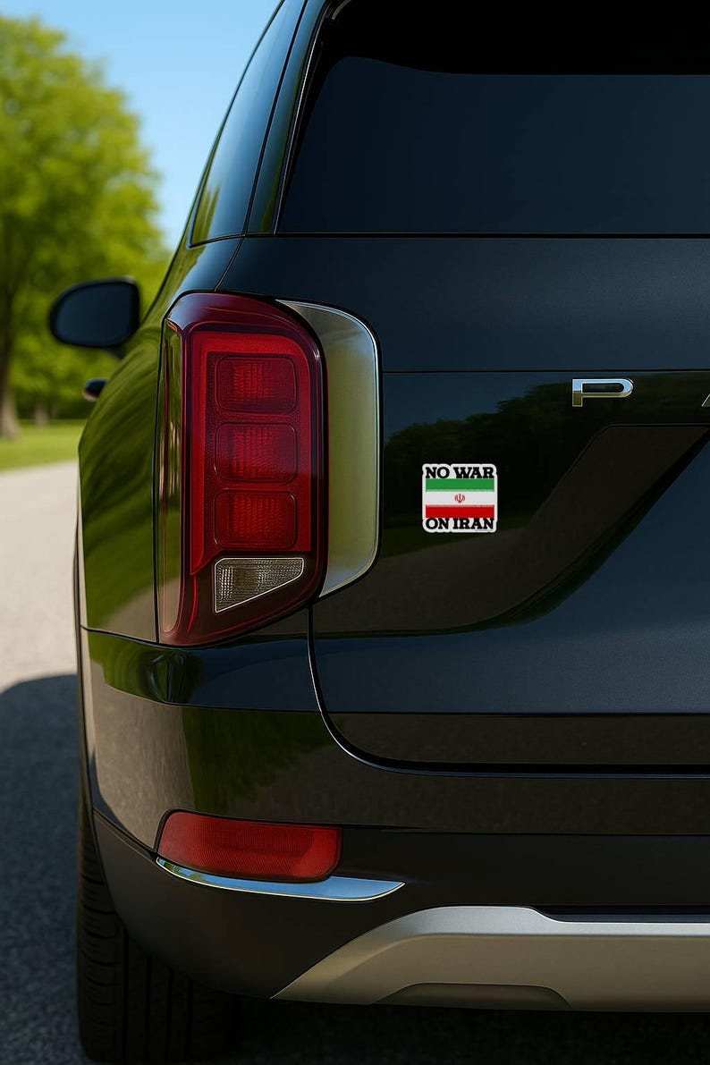 No War On Iran waterproof vinyl car decal with Iranian flag design on black SUV rear panel