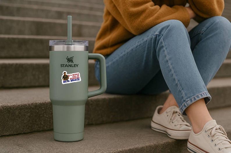In a World Full of Donalds Be a Bruce political tumbler sticker waterproof vinyl decal on insulated cup