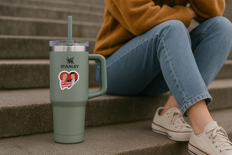 May include: A sage green Stanley tumbler with a handle, a clear lid, and a matching straw. A heart-shaped sticker is applied to the front, featuring two men and the text Best Friends Forever in white script against a red background.