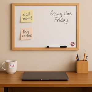 May include: A white dry-erase board with a light wood frame features handwritten text reading Essay due Friday, two yellow sticky notes with the text Call mom! and Buy coffee, a black marker, and a small circular sticker with a red prohibition symbol.