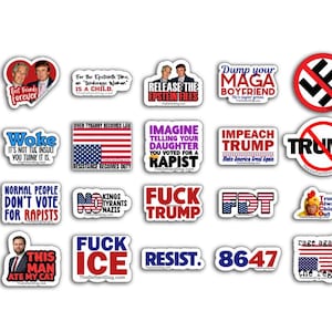 May include: A collection of twenty rectangular and shaped vinyl stickers featuring various political slogans and graphics. The designs include text such as 'Dump your MAGA boyfriend', 'Impeach Trump', 'Fuck Trump', 'Resist', '8647', and 'No Kings Tyrants Nazis'.