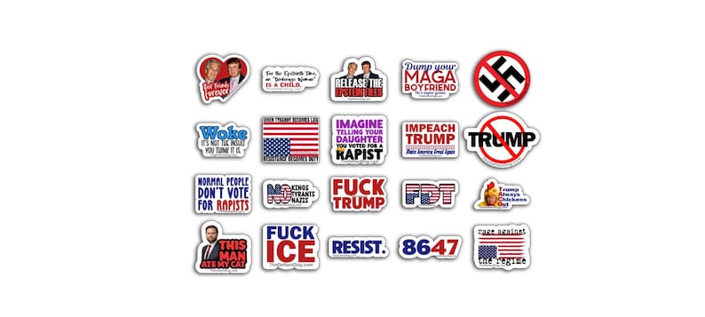 May include: A collection of twenty rectangular and shaped vinyl stickers featuring various political slogans and graphics. The designs include text such as 'Dump your MAGA boyfriend', 'Impeach Trump', 'Fuck Trump', 'Resist', '8647', and 'No Kings Tyrants Nazis'.