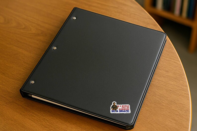In a World Full of Donalds Be a Bruce political vinyl sticker on black binder progressive protest office decor