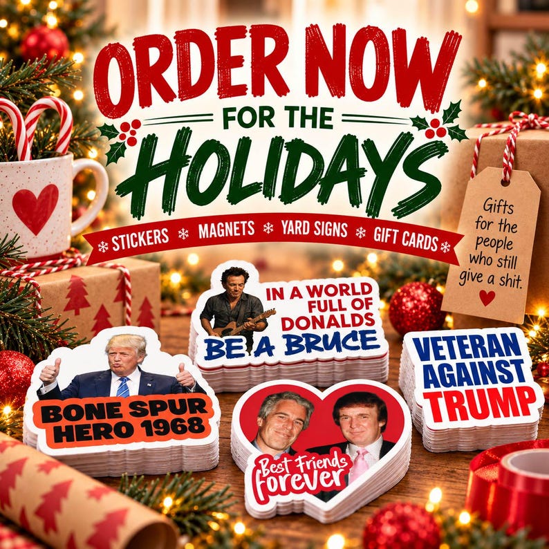 The image is a Christmas-themed advertisement featuring various holiday-related items such as stickers, magnets, yard signs, and gift cards.