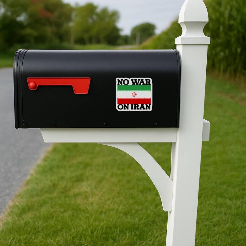 No War On Iran vinyl decal applied to black mailbox, outdoor weather resistant political sticker