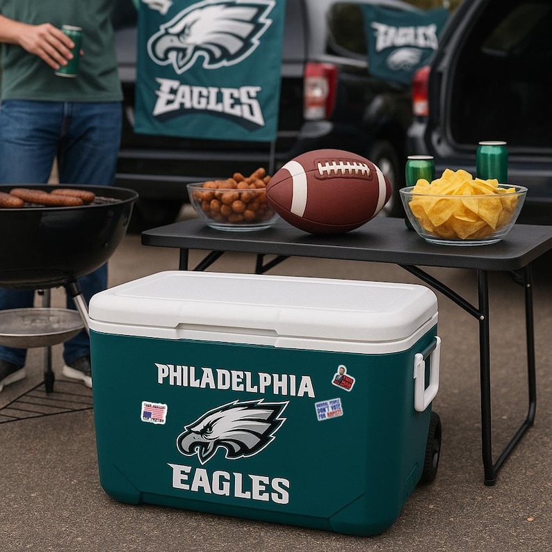 May include: A teal rolling cooler with a white lid featuring the Philadelphia Eagles logo and text. The cooler is decorated with small stickers, including an American flag, and sits on the ground in front of a table with a football and snacks.