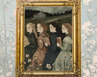 Little Women book nook art print, winter cottagecore art, book nook, Jo March, little women poster, digital download