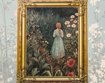 Anne of Green Gables art print. cottagecore decor, Anne Shirley oil painting, book lovers art, book nook, vintage library digital art